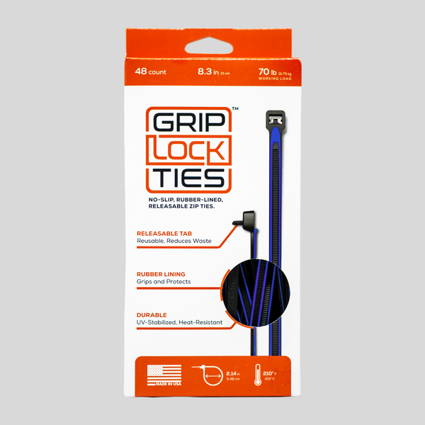GripLockTies - 8" Rubber-Lined, Reusable Cable Ties - 48 Count - g8-bkbl-x48
