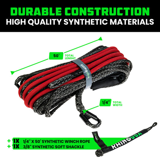 Rhino USA - Reflective Synthetic Winch Rope and soft Shackle - 1/4" X 50'