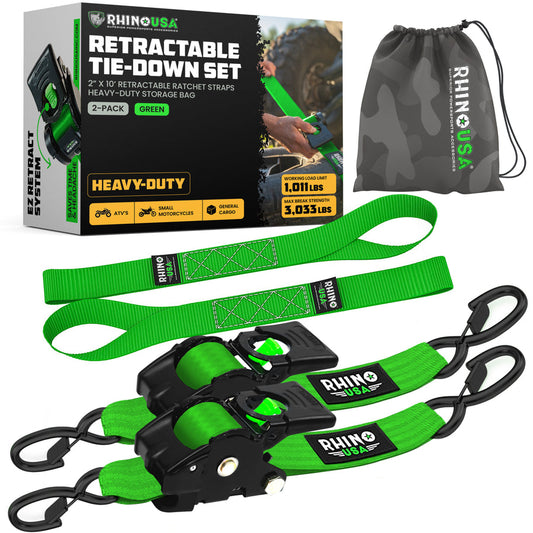 Rhino USA - 2 Pack Green Retractable Ratchet Straps 2" Inch X 10' Ft